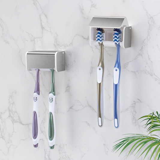2 PCS Toothbrush Holders Wall Mounted with Cover, Electric Tooth Brushing Holder for Bathroom, 2 Slots Self Adhesive Toothbrush Organizer for Family, Kids (2, Brushed Silver)