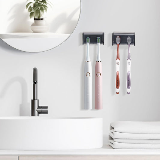 2 PCS Toothbrush Holders Wall Mounted with Cover, Electric Tooth Brushing Holder for Bathroom, 2 Slots Self Adhesive Toothbrush Organizer for Family, Kids (2, Transparent Black)