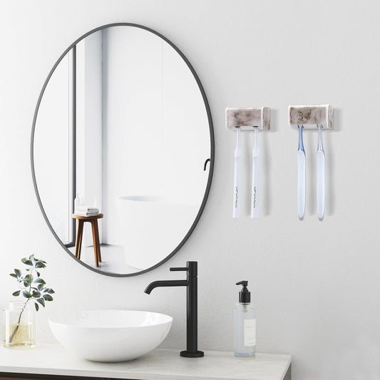 2 PCS Toothbrush Holders Wall Mounted with Cover, Electric Tooth Brushing Holder for Bathroom, 2 Slots Self Adhesive Toothbrush Organizer, Toothbrush Stand for Family, Kids (2, White Marble)