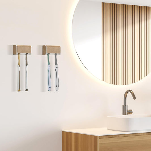 2 PCS Toothbrush Holders Wall Mounted with Cover, Electric Tooth Brushing Holder for Bathroom, 2 Slots Self Adhesive Toothbrush Organizer, Toothbrush Stand for Family, Kids (2, Wood Grain)
