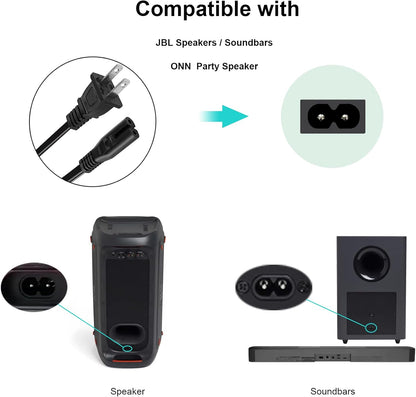 Power Cord for JBL PartyBox 100 110 200 300 310 710 1000 On-The-Go Speaker, ONN Party Speaker, JBL Soundbar 2 Prong Power Cable Replacement