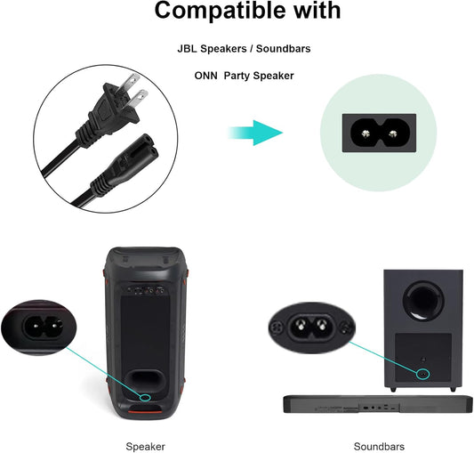 Power Cord for JBL PartyBox 100 110 200 300 310 710 1000 On-The-Go Speaker, ONN Party Speaker, JBL Soundbar 2 Prong Power Cable Replacement