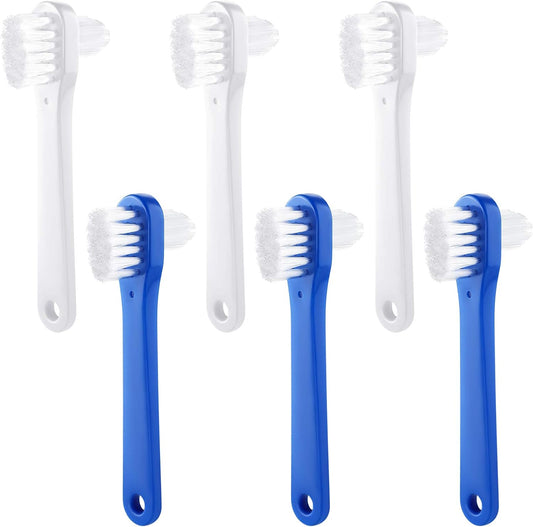 6 Pack Denture Cleaning Brush Dual Head Portable Denture Toothbrush Hard Double Sided Multi-Layered Bristles False Teeth Toothbrush for Care Clean Clear Brace Mouth Guard(Blue White,Flat).