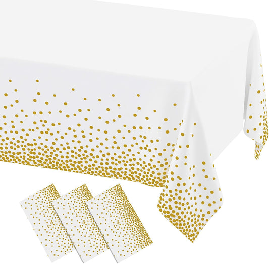 3 Packs Dot Disposable Table Cloth, 54 x 108 Inch Waterproof Plastic Tablecloth, Rectangle Gold Dots in White Table Covers for Easter, Picnic, Birthday, Party