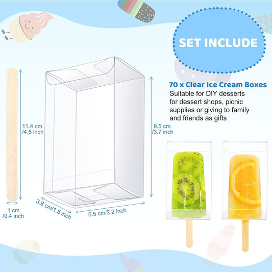50 Pcs Ice Cream Cakesicle Boxes Set Include 25 Clear Pet Cake Boxes Plastic Candy Gift Bags and 25 Wooden Sticks Treat Boxes for DIY Baking Wedding Baby Shower Birthday Party