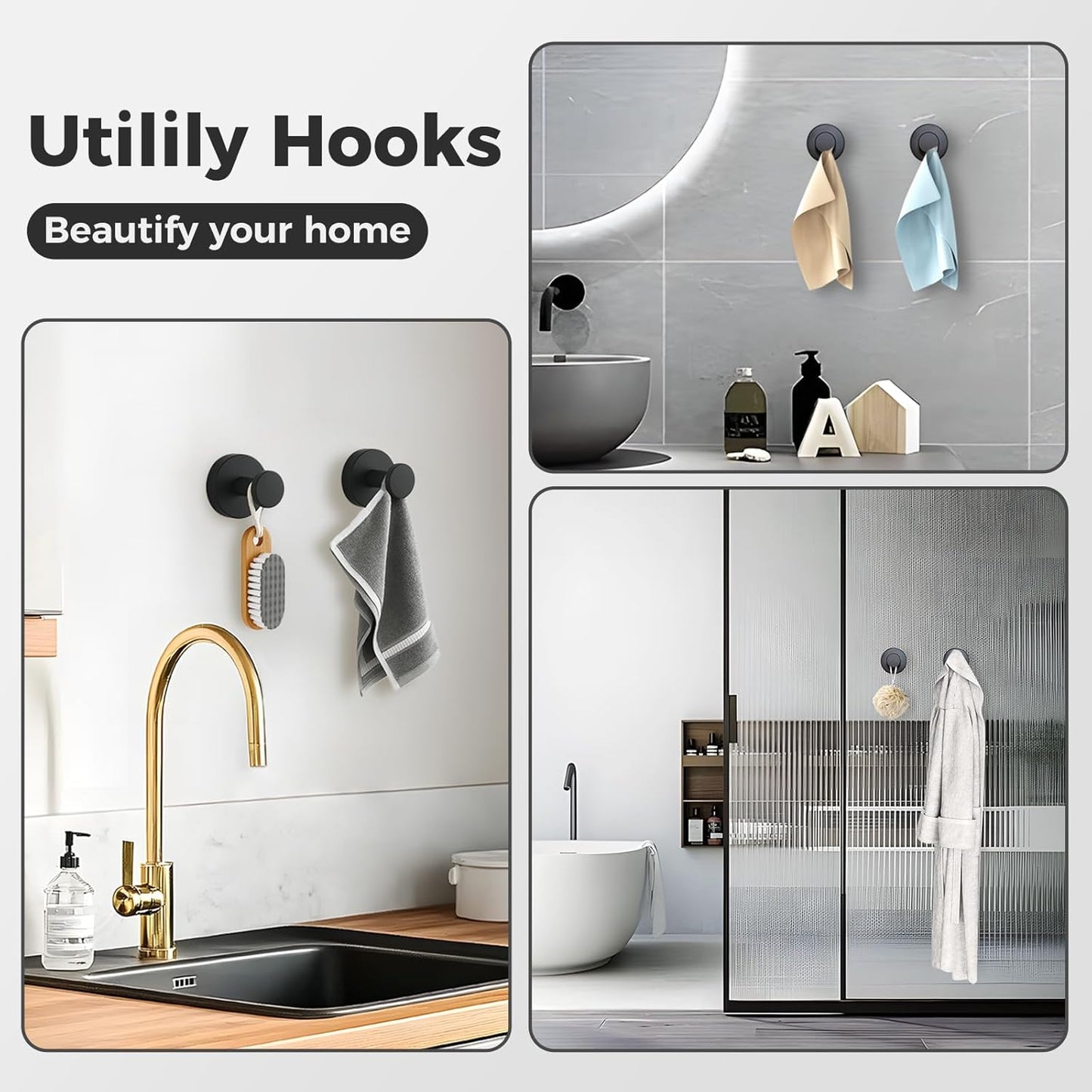Shower Hooks for Inside Shower,Suction Cup Hooks for Glass Window,Removable Towel Hooks for Bathrooms,2 Packs(Black)