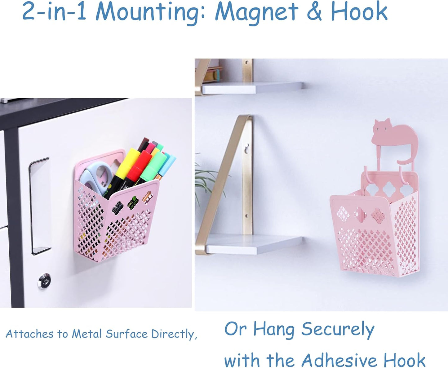 2 Pack Magnetic Pen Holder, Strong Magnet Organizer Dry Erase Marker Holder for Refrigerator, Whiteboard, Locker Accessories Home Office Hanging Pencil Holder with Hooks-Blush