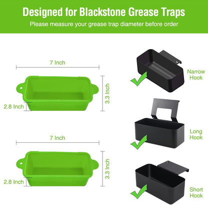 2 Pack Blackstone Silicone Grease Cup Liners for 36 28 22 17 Inch Griddle, Reusable Grease Catcher Liner Grill Grease Tray Blackstone Accessories, Replacement of Aluminum Foil Drip Pans, Green