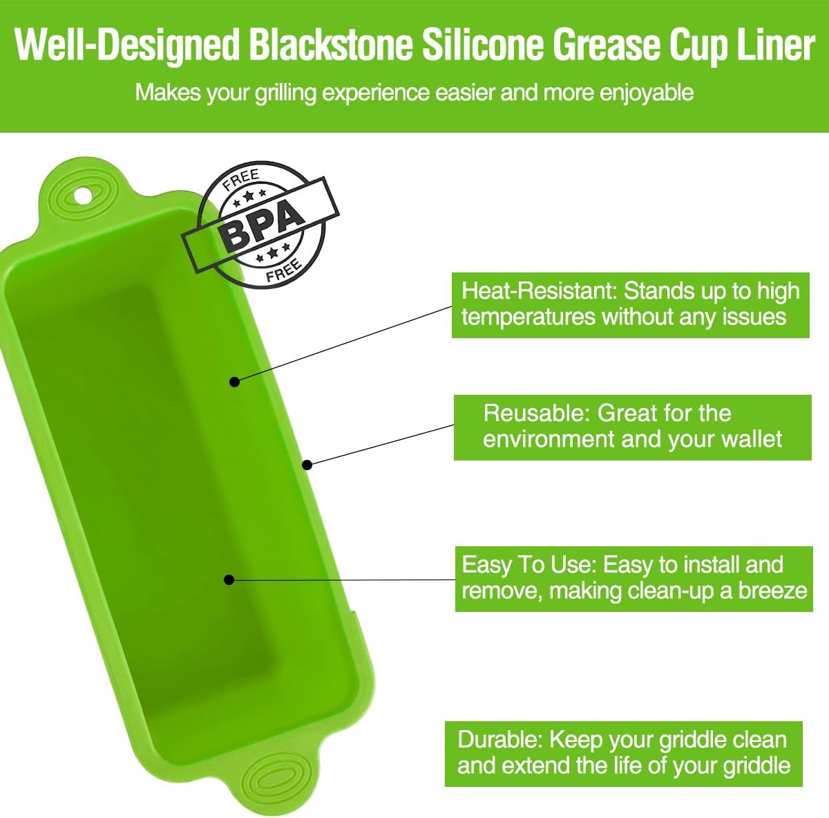 2 Pack Blackstone Silicone Grease Cup Liners for 36 28 22 17 Inch Griddle, Reusable Grease Catcher Liner Grill Grease Tray Blackstone Accessories, Replacement of Aluminum Foil Drip Pans, Green