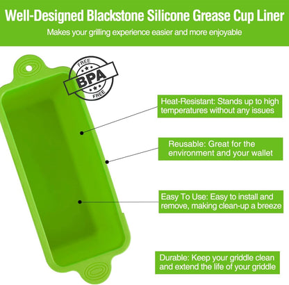2 Pack Blackstone Silicone Grease Cup Liners for 36 28 22 17 Inch Griddle, Reusable Grease Catcher Liner Grill Grease Tray Blackstone Accessories, Replacement of Aluminum Foil Drip Pans, Green