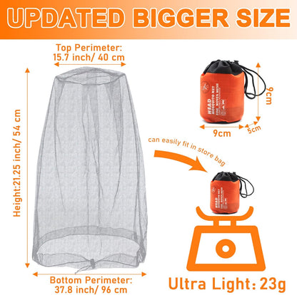 Mosquito Head Net Mesh, Face Neck Fly Netting Hood from Bugs Gnats Noseeums Screen Net for Any Outdoor Lover- with Carry Bags Fits Most Sizes of Hats Caps (2pcs, Grey, Updated Big Net)
