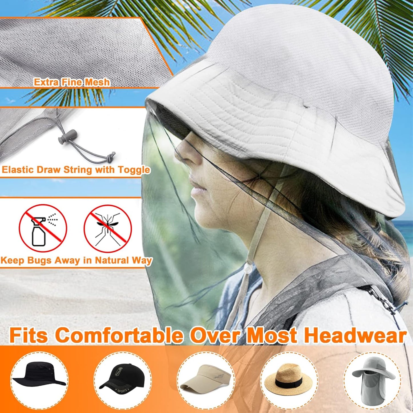 Mosquito Head Net Mesh, Face Neck Fly Netting Hood from Bugs Gnats Noseeums Screen Net for Any Outdoor Lover- with Carry Bags Fits Most Sizes of Hats Caps (2pcs, Grey, Updated Big Net)