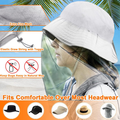 Mosquito Head Net Mesh, Face Neck Fly Netting Hood from Bugs Gnats Noseeums Screen Net for Any Outdoor Lover- with Carry Bags Fits Most Sizes of Hats Caps (2pcs, Grey, Updated Big Net)