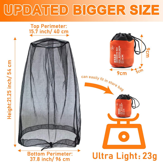 Mosquito Head Net Mesh, Face Neck Fly Netting Hood from Bugs Gnats Noseeums Screen Net for Any Outdoor Lover- with Carry Bags Fits Most Sizes of Hats Caps (2pcs, Black and Grey, Updated Big Net)