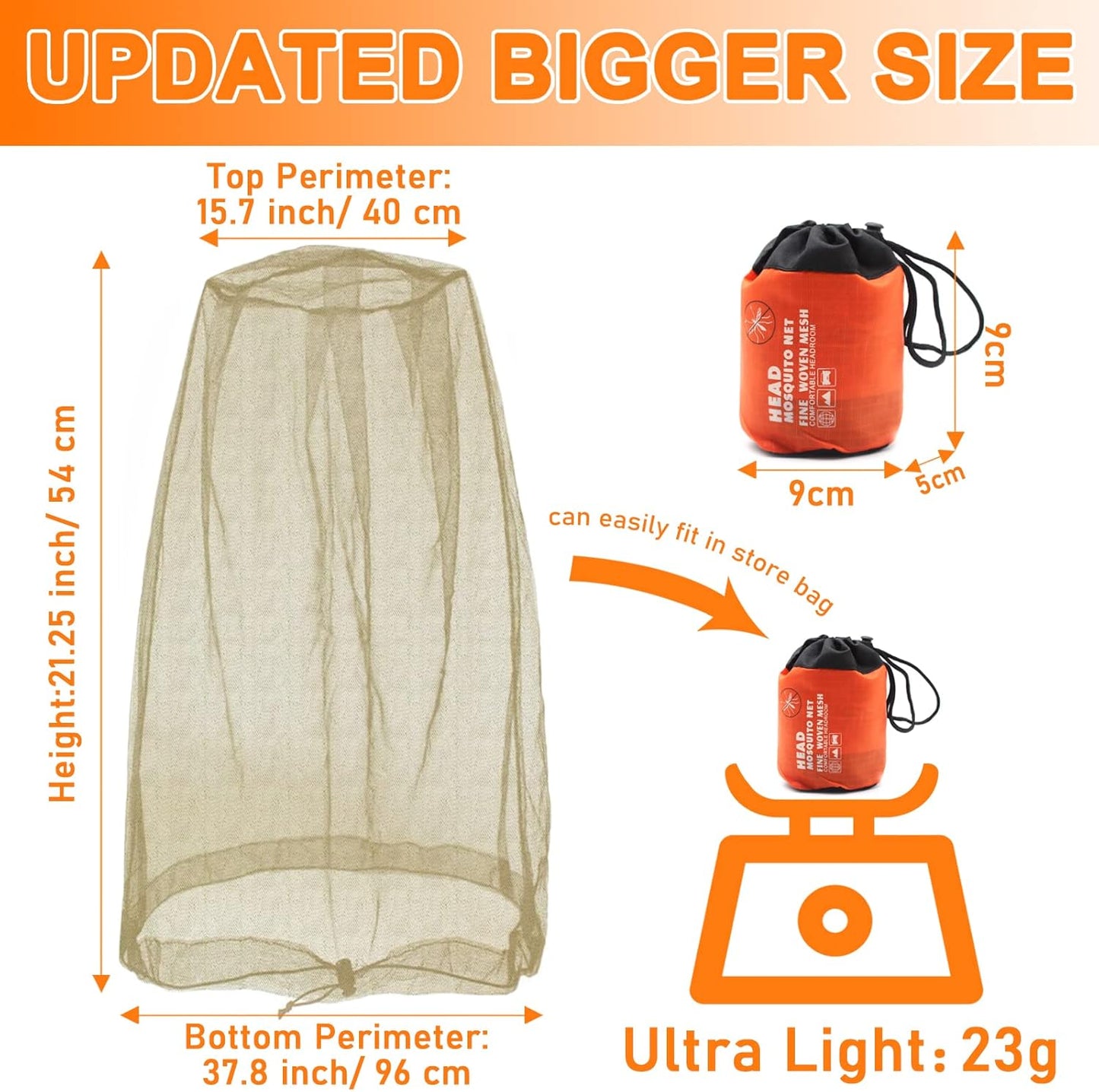 Mosquito Head Net Mesh, Face Neck Fly Netting Hood from Bugs Gnats Noseeums Screen Net for Any Outdoor Lover- with Carry Bags Fits Most Sizes of Hats Caps (2pcs, Khaki, Updated Big Net)