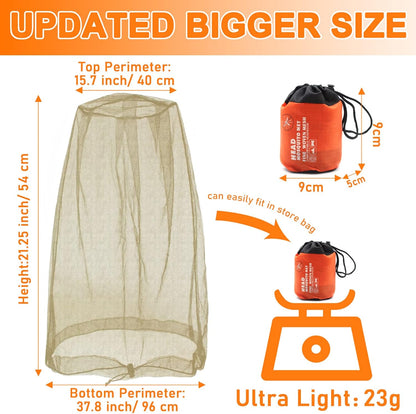 Mosquito Head Net Mesh, Face Neck Fly Netting Hood from Bugs Gnats Noseeums Screen Net for Any Outdoor Lover- with Carry Bags Fits Most Sizes of Hats Caps (2pcs, Khaki, Updated Big Net)