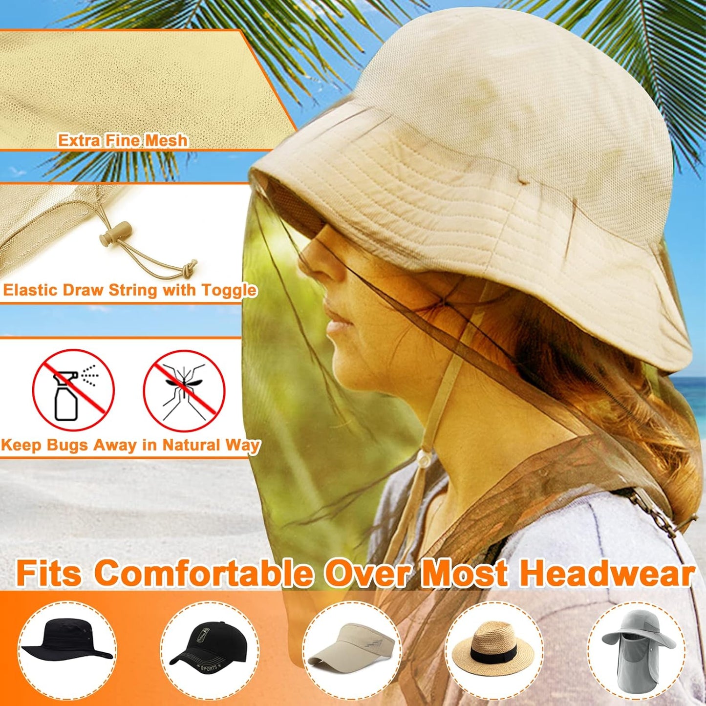 Mosquito Head Net Mesh, Face Neck Fly Netting Hood from Bugs Gnats Noseeums Screen Net for Any Outdoor Lover- with Carry Bags Fits Most Sizes of Hats Caps (2pcs, Khaki, Updated Big Net)