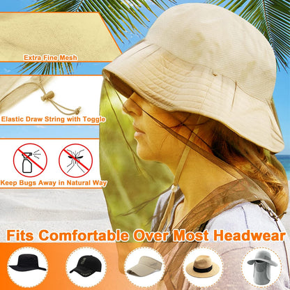Mosquito Head Net Mesh, Face Neck Fly Netting Hood from Bugs Gnats Noseeums Screen Net for Any Outdoor Lover- with Carry Bags Fits Most Sizes of Hats Caps (2pcs, Khaki, Updated Big Net)