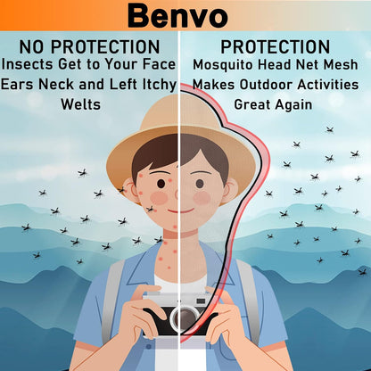Mosquito Head Net Mesh, Face Neck Fly Netting Hood from Bugs Gnats Noseeums Screen Net for Any Outdoor Lover- with Carry Bags Fits Most Sizes of Hats Caps (2pcs, Khaki, Updated Big Net)