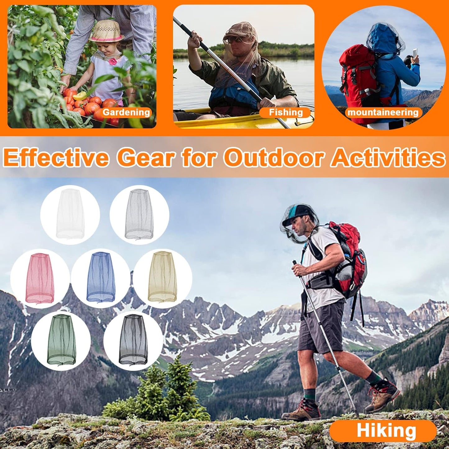 Mosquito Head Net Mesh, Face Neck Fly Netting Hood from Bugs Gnats Noseeums Screen Net for Any Outdoor Lover- with Carry Bags Fits Most Sizes of Hats Caps (2pcs, Khaki, Updated Big Net)