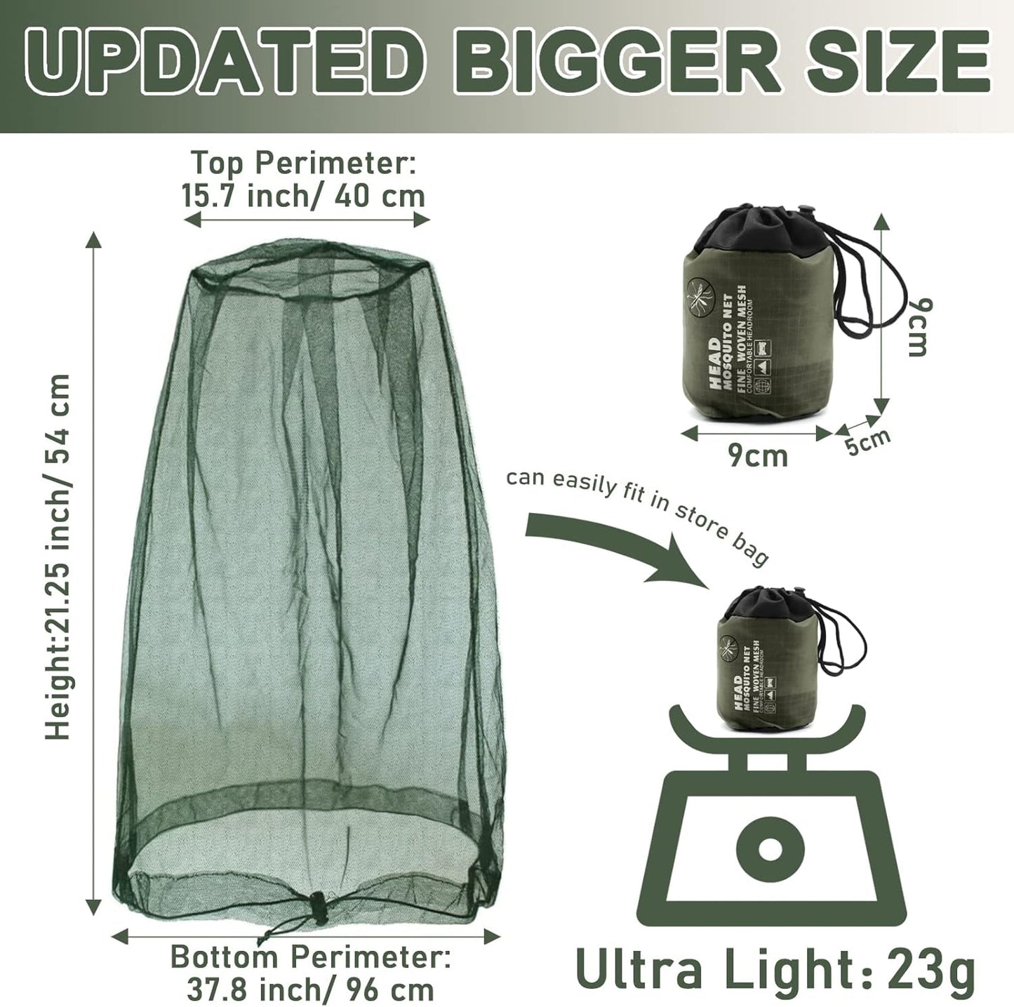 Mosquito Head Net Mesh, Face Neck Fly Netting Hood from Bugs Gnats Noseeums Screen Net for Any Outdoor Lover- with Carry Bags Fits Most Sizes of Hats Caps (2pcs, Olive, Updated Big Net)