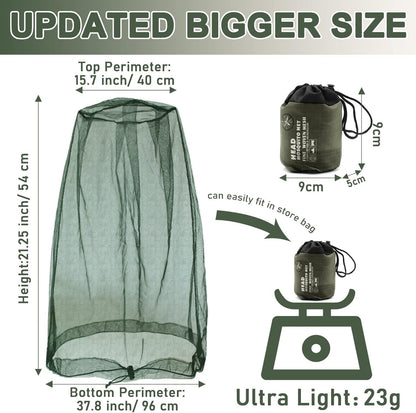 Mosquito Head Net Mesh, Face Neck Fly Netting Hood from Bugs Gnats Noseeums Screen Net for Any Outdoor Lover- with Carry Bags Fits Most Sizes of Hats Caps (2pcs, Olive, Updated Big Net)