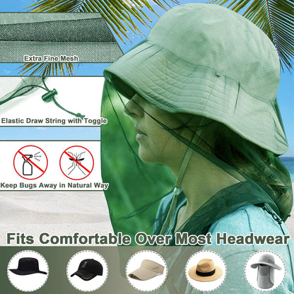 Mosquito Head Net Mesh, Face Neck Fly Netting Hood from Bugs Gnats Noseeums Screen Net for Any Outdoor Lover- with Carry Bags Fits Most Sizes of Hats Caps (2pcs, Olive, Updated Big Net)
