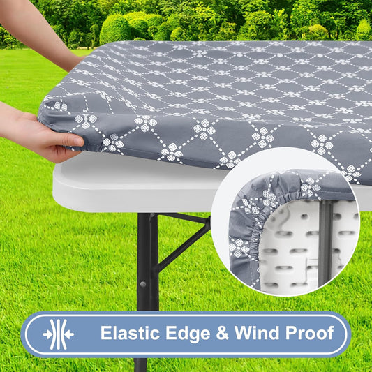 Rectangle Vinyl Table Cloth, Elastic Fitted Tablecloth with Flannel Backing, Waterproof Plastic Table Cover Fits 6 Foot Folding Tables for Easter, Camping, Indoor and Outdoor (Grey, 30" x 72")