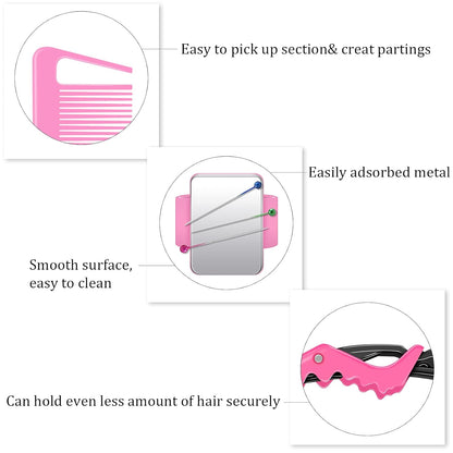 10 Pcs Hair Styling Tools Set Magnetic Gel & Silicone Wristband for Stylists and Braiders, Wrist Strap, 3 Rat Tail Combs and 6 Plastic Clips(Pink Wrist Strap)