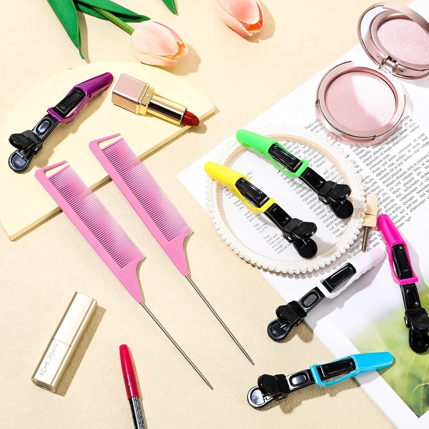10 Pcs Hair Styling Tools Set Magnetic Gel & Silicone Wristband for Stylists and Braiders, Wrist Strap, 3 Rat Tail Combs and 6 Plastic Clips(Pink Wrist Strap)