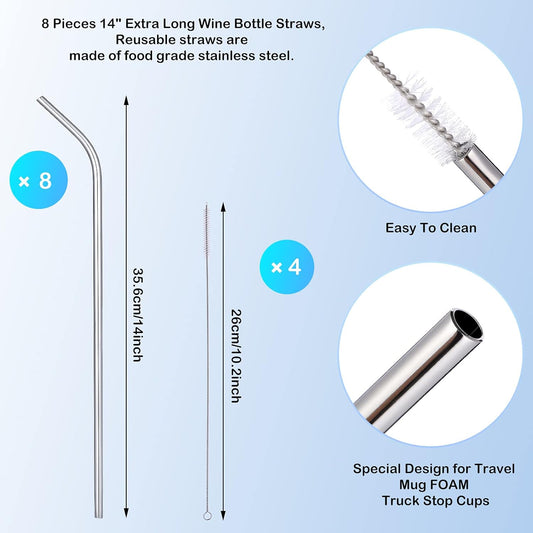 8 Pieces 14 Inch Reusable Stainless Steel Straws Long Drinking Straws for 100 oz Tumblers, Extra with 4 Pieces Cleaning Brush(Silver)