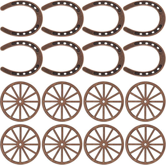 16pcs Mini Horseshoes Wagon Wheel Decor, Lucky Western Theme Party Decorations with Cordage, Vintage Wooden Wagon Wheel Metal Horse Shoes for Birthday Country Table Centerpieces - Brown