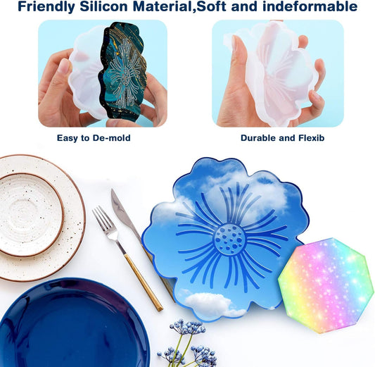 8 Pieces Coaster Silicone Resin Molds Set Include 4 Flower Coaster Resin Flower Silicone Tray and 4 Octagon Epoxy Casting Mold for DIY Artwork, and Home Decor