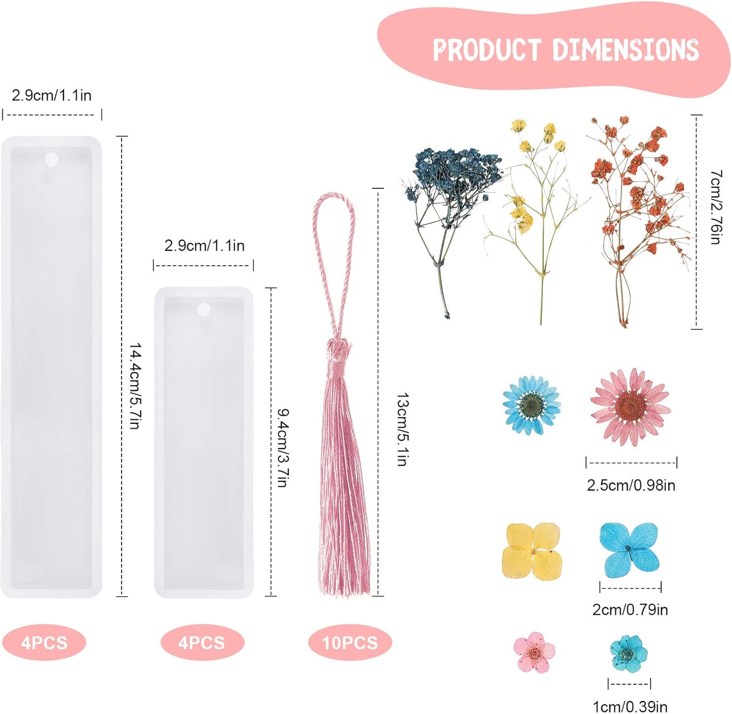 38 Pieces Bookmark Resin Mould Set, Include Rectangle Bookmark Silicone Mould Epoxy Resin Jewelry Mould with Colorful Tassels and Dried Flowers for Jewelry DIY Bookmark Making