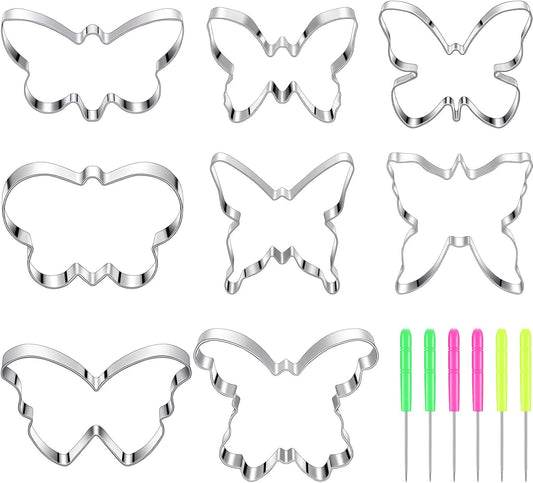 8 Pieces Butterfly Cookie Cutter Set Stainless Steel Metal Biscuit Cutter Mould and 6 Pieces Sugar Stirring Pins for Sandwich Chocolate Fondant Biscuit Cake Kitchen Baking