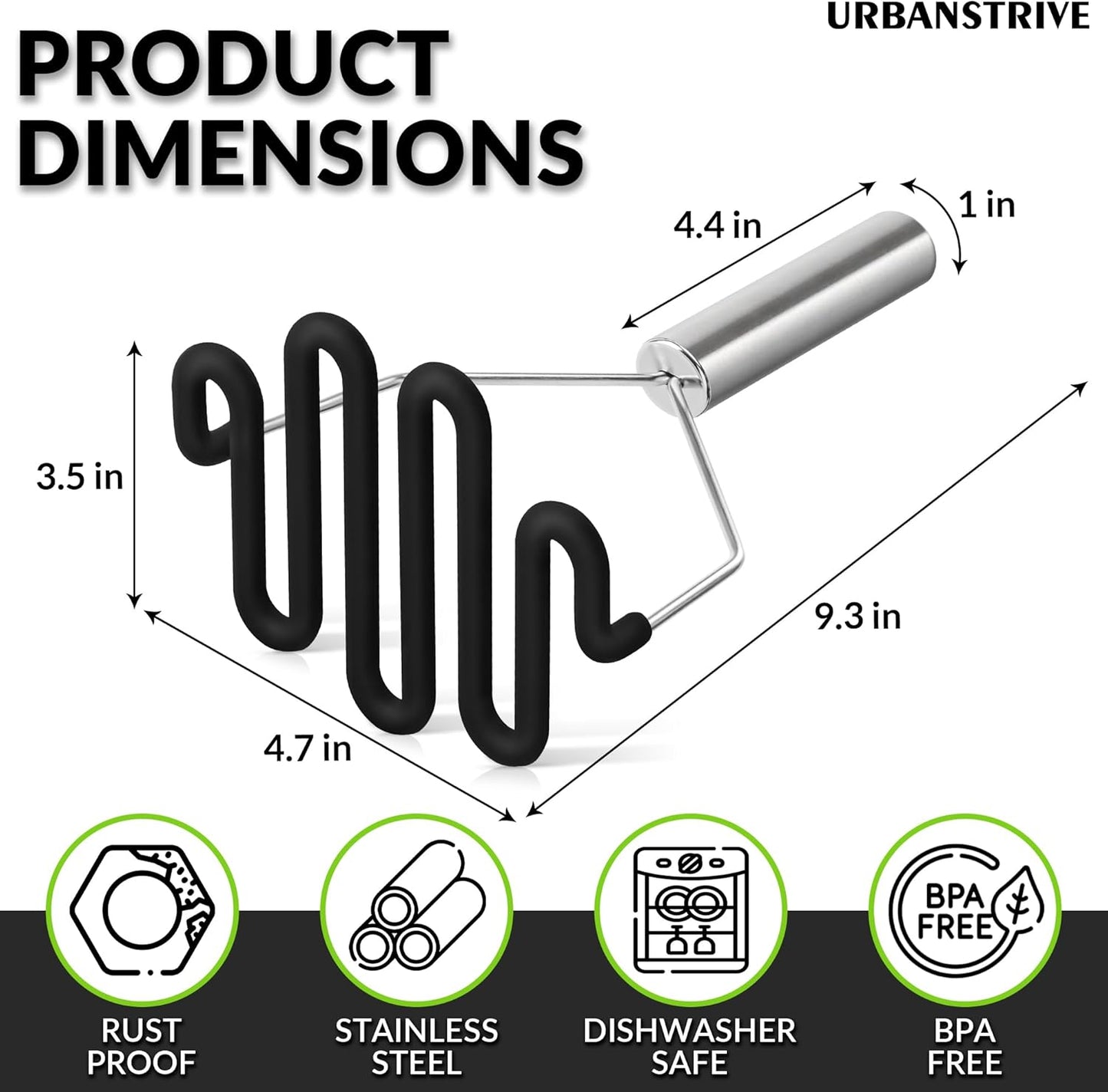 Non-Scratch Silicone Potato Masher Kitchen Tool, Potatoes Masher Potato Masher Stainless Steel Wrapped In Premium Silicone, Potato Smasher (Black)