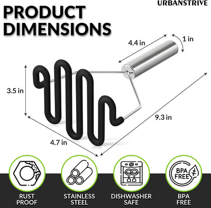Non-Scratch Silicone Potato Masher Kitchen Tool, Potatoes Masher Potato Masher Stainless Steel Wrapped In Premium Silicone, Potato Smasher (Black)