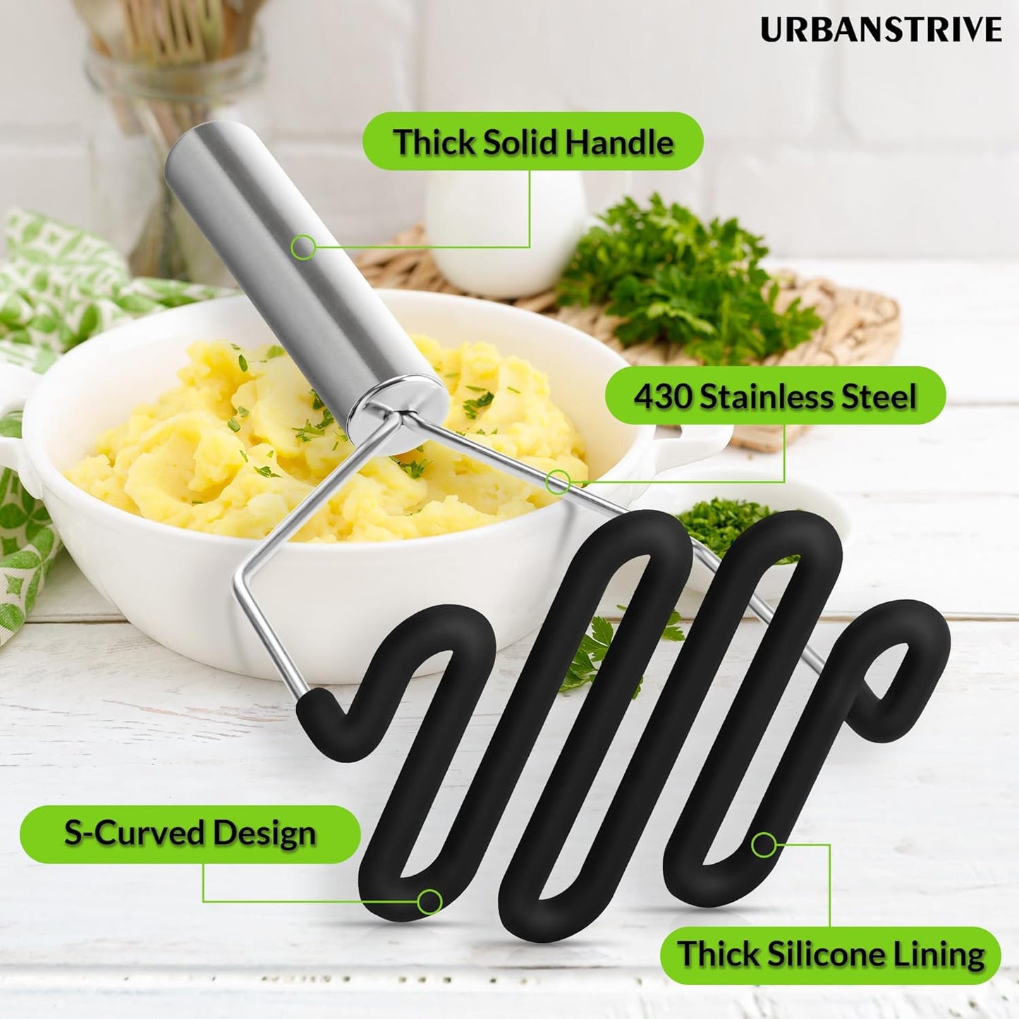 Non-Scratch Silicone Potato Masher Kitchen Tool, Potatoes Masher Potato Masher Stainless Steel Wrapped In Premium Silicone, Potato Smasher (Black)