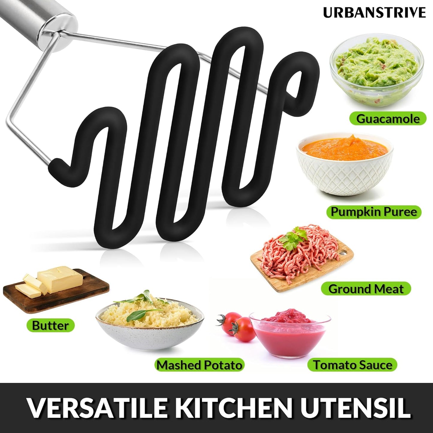 Non-Scratch Silicone Potato Masher Kitchen Tool, Potatoes Masher Potato Masher Stainless Steel Wrapped In Premium Silicone, Potato Smasher (Black)