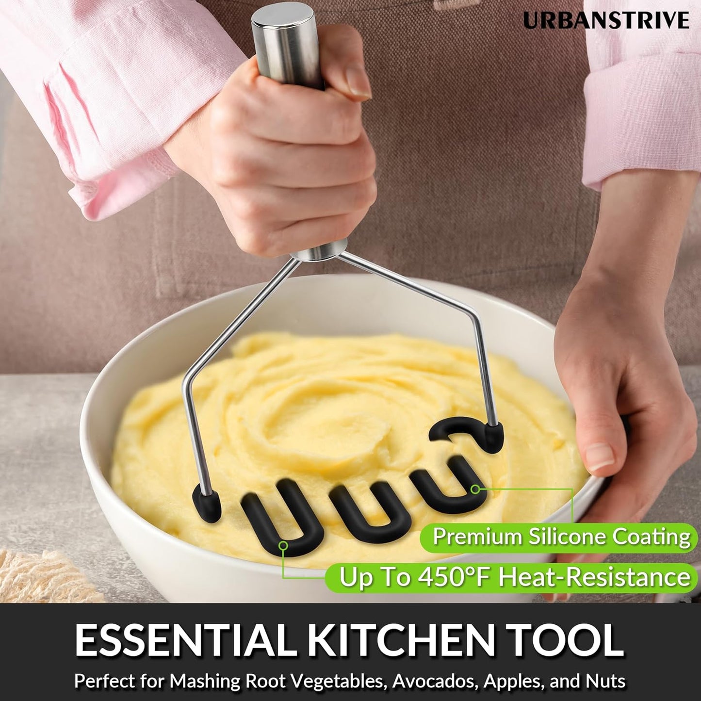 Non-Scratch Silicone Potato Masher Kitchen Tool, Potatoes Masher Potato Masher Stainless Steel Wrapped In Premium Silicone, Potato Smasher (Black)