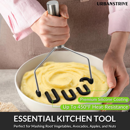 Non-Scratch Silicone Potato Masher Kitchen Tool, Potatoes Masher Potato Masher Stainless Steel Wrapped In Premium Silicone, Potato Smasher (Black)