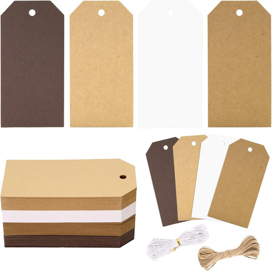 Gift Tags with String, 4 Colors Kraft Paper Gift Tags, 120PCS Blank Hanging Labels for Holiday Present Wrapping, Wedding, Birthday, DIY Art Craft Supplies (2X4 in, Gradient Brown, White)