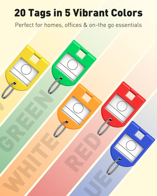 20 Pcs Key Tags, 5 Color Key Tags with Labels, 1.1" x 1.6" Key Labels for Keychain, Plastic Key Identifiers with Split Ring, Blank Key Ring Tags for House, Office & School
