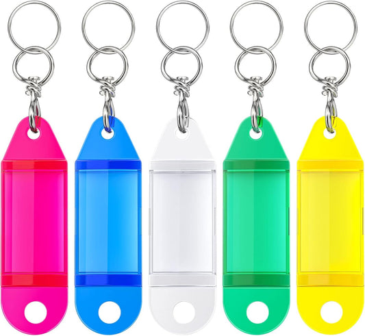 25 Pack Crystal Clear Tough Plastic Key Tags with Swivel Split Ring Label Window Assorted Colors