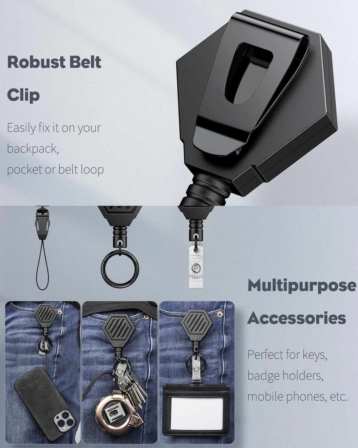 Heavy Duty Retractable Keychain with Magnetic Closure Retractable Badge Reel for up to 16 oz with 3 Pack ID Badge Holder with Double-Sided Windows Vertical Hard Plastic Case