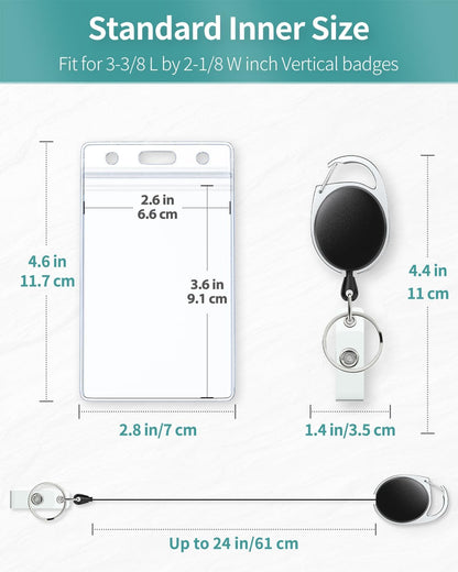 Badge Holder Vertical Clear Plastic Case with Retractable Badge Reel Carabiner Clip with Swivel Alligator Clip Soft Waterproof Card Protector