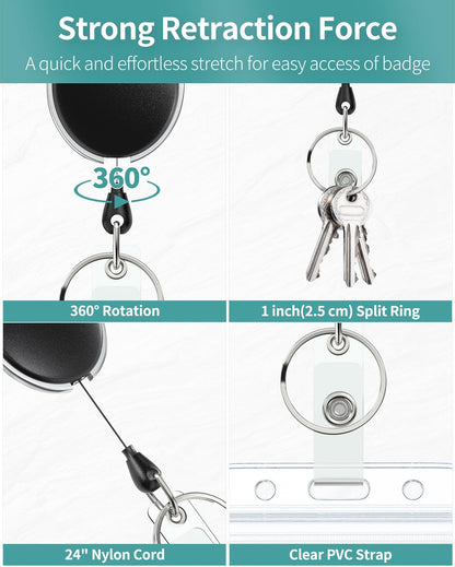 Badge Holder Vertical Clear Plastic Case with Retractable Badge Reel Carabiner Clip with Swivel Alligator Clip Soft Waterproof Card Protector