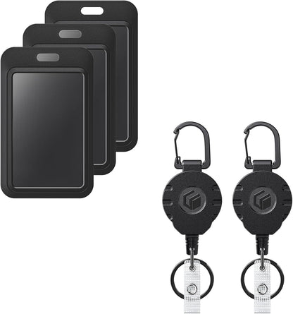 3 Pack Sliding Badge Holder Vertical Plastic Case and 2 Pack Retractable Keychain Badge Reel for up to 8 oz Hard Card Protector