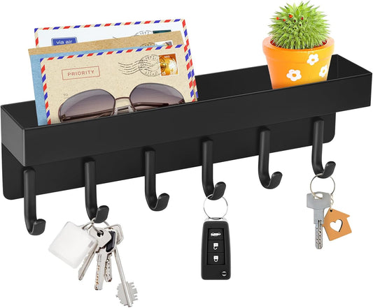 Key Holder Wall Mount, Compact Adhesive Key Rack with Tray, 6 Hooks, 2 Mount Options, Black.