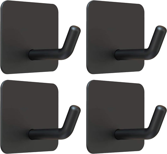Adhesive Hooks, Heavy Duty Shower Wall Stick on Hooks, Waterproof, 2 Extra Adhesive Strips, Black, 4 Pcs